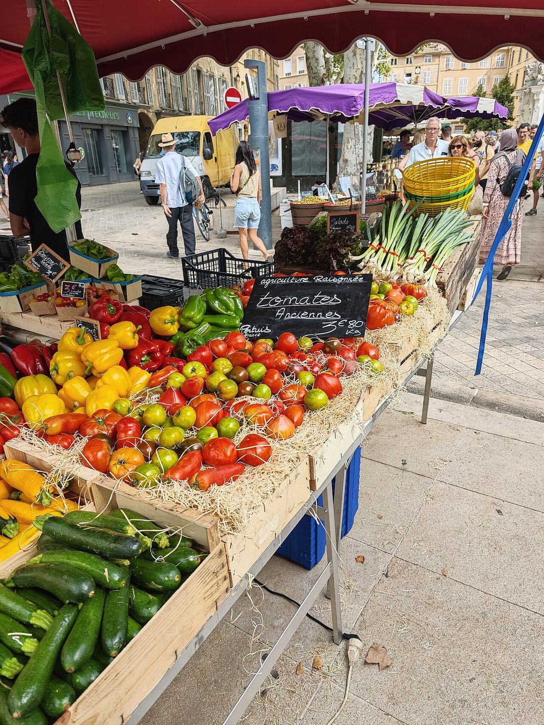Étal de tomates sur un marché en France